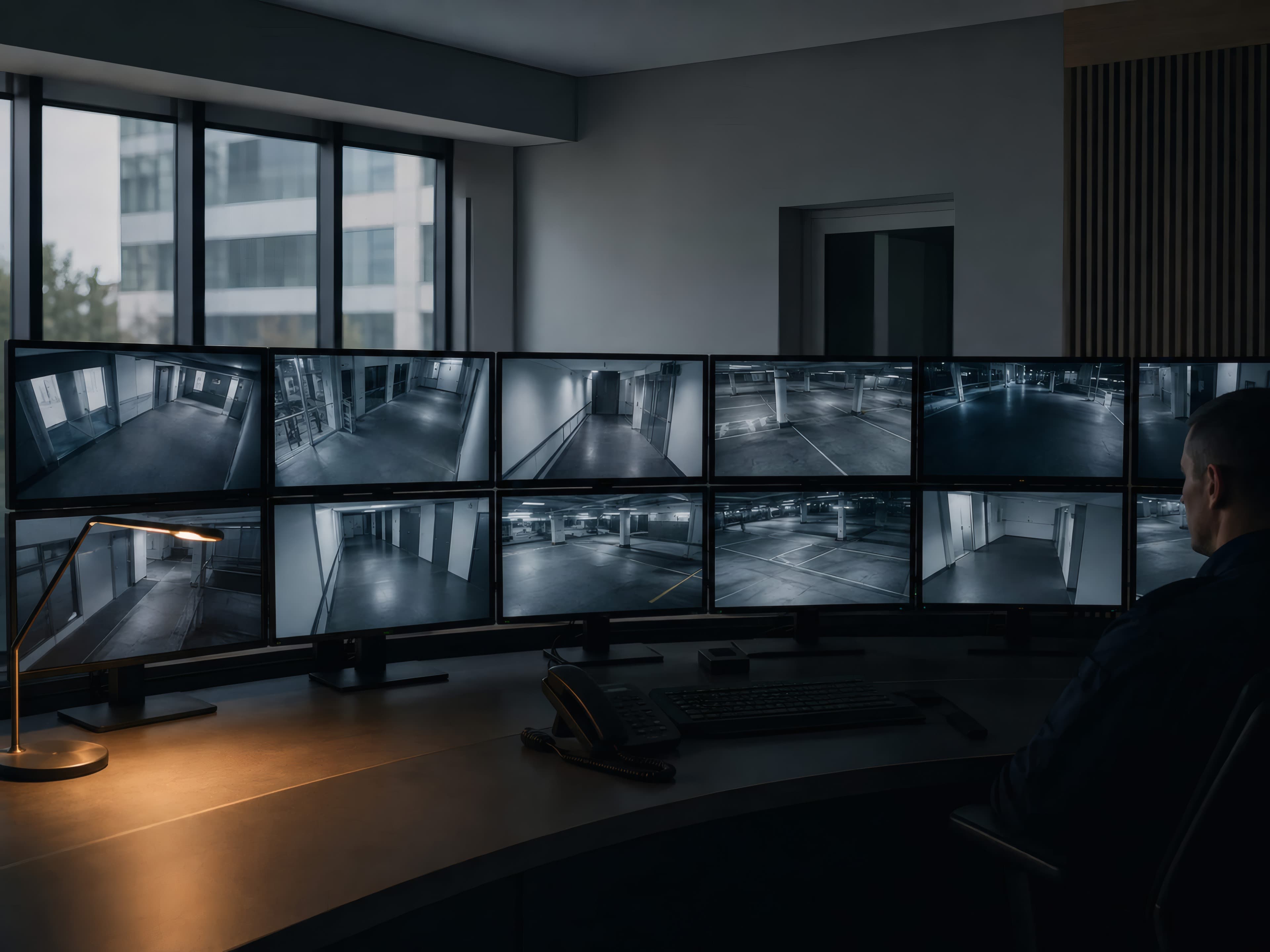 Biztonsági diszpécserközpont monitorfallal, hűvös képernyőfényben.