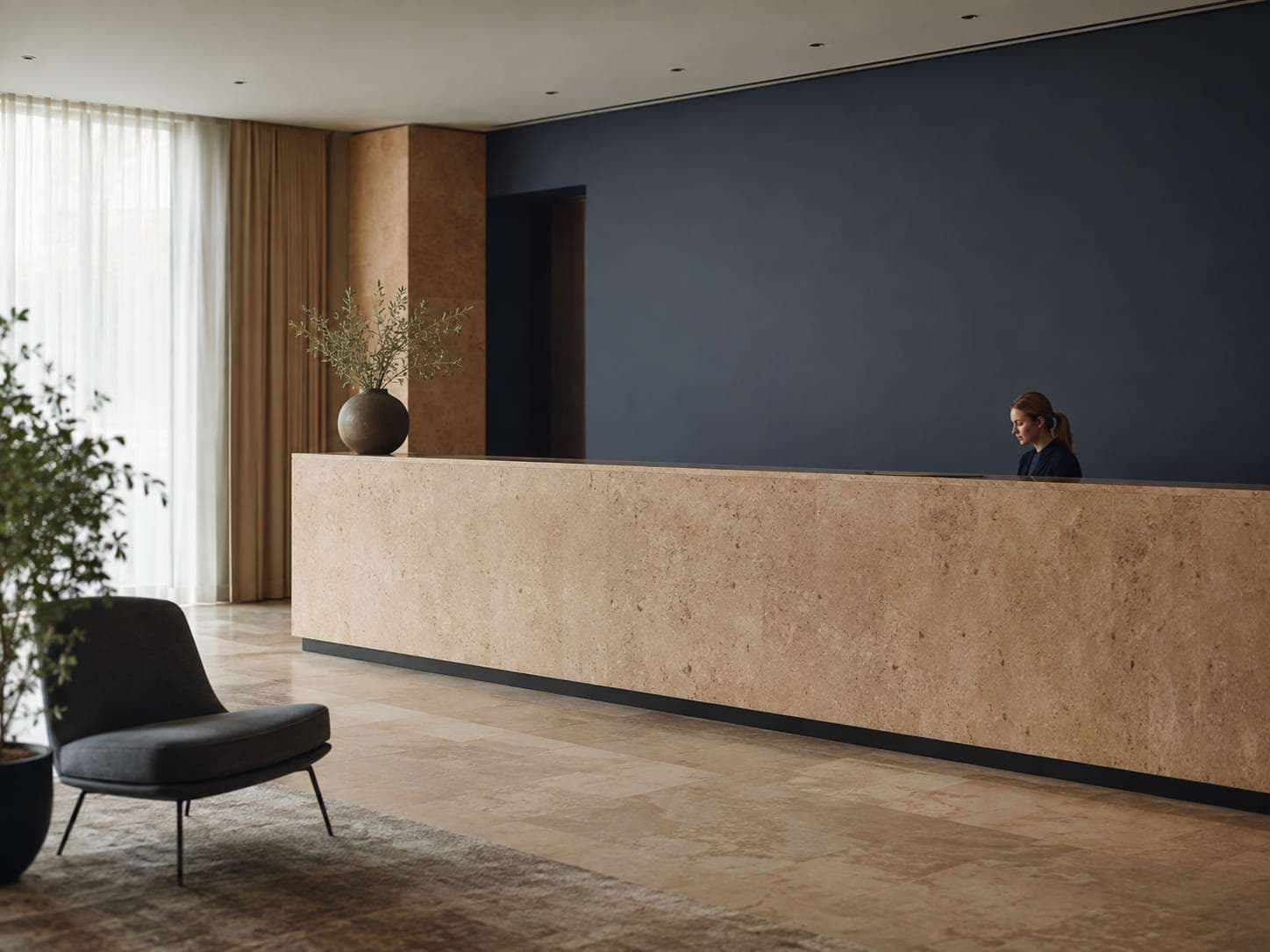A reception desk in warm beige stone against a dark blue-grey wall.