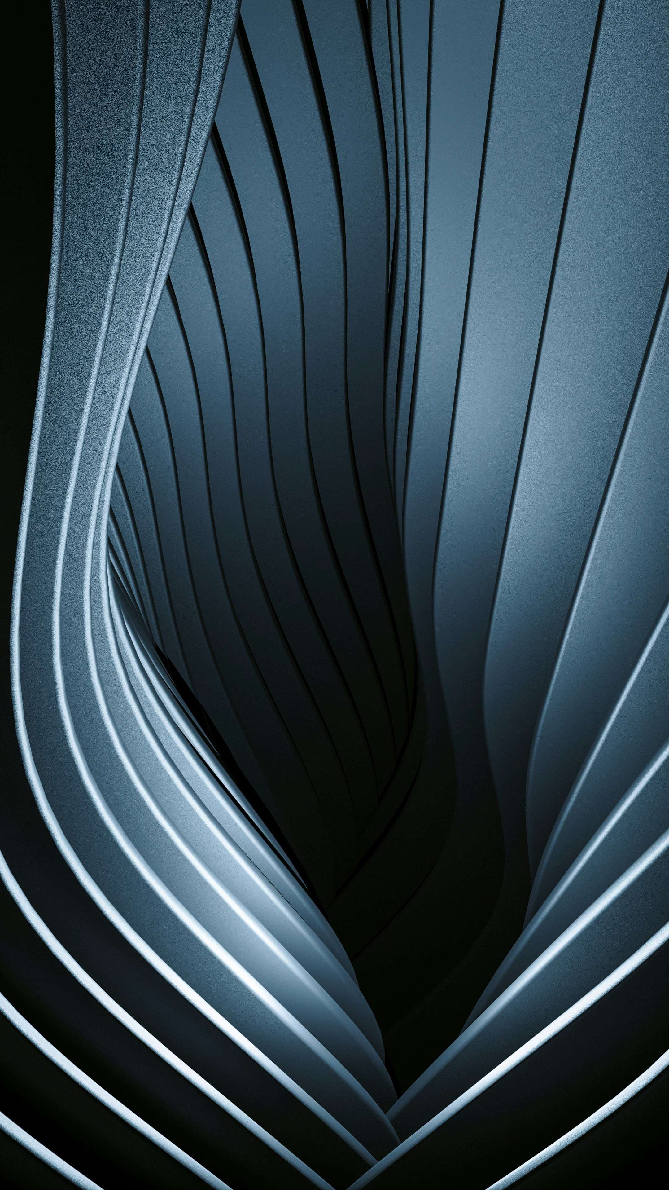 An abstract arc formed from grey-blue ribbons.