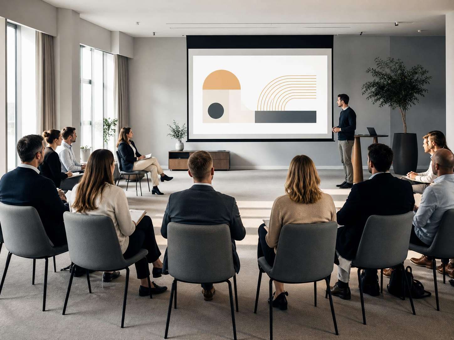 Szakmai workshop egy világos tárgyalóban, jegyzetelő résztvevőkkel.