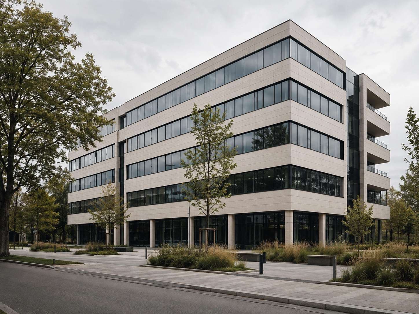 A mid-rise office building on a tree-lined boulevard.